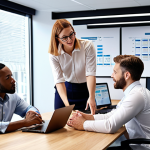 **Diverse data quality team collaborating.** Showcasing analysts, domain experts, and communicators working together in a positive office environment.