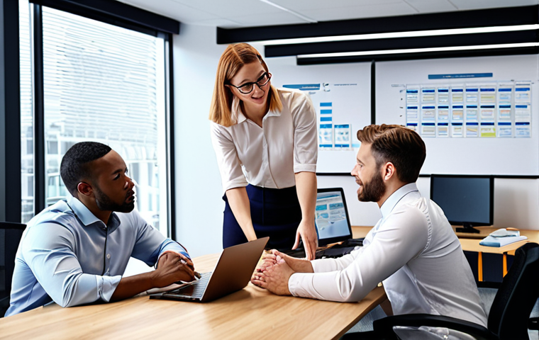 **Diverse data quality team collaborating.** Showcasing analysts, domain experts, and communicators working together in a positive office environment.