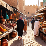 **

"A bustling Middle Eastern marketplace scene with vibrant colors, intricate textiles, and vendors selling dates and spices. Warm, golden light."

**