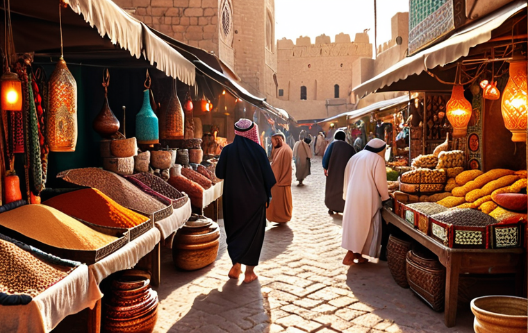 **
"A bustling Middle Eastern marketplace scene with vibrant colors, intricate textiles, and vendors selling dates and spices. Warm, golden light."
**