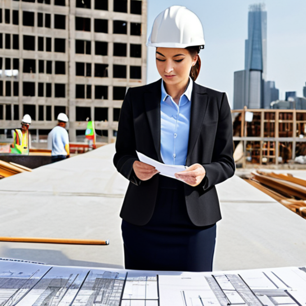 데이터 품질 관리 전략 수립 - ** A professional female architect, fully clothed in modest business attire, reviewing blueprints on...