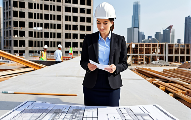 데이터 품질 관리 전략 수립 - ** A professional female architect, fully clothed in modest business attire, reviewing blueprints on...