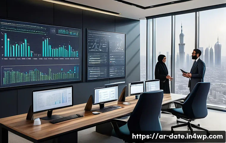 데이터 품질 감사의 중요성 - A modern Middle Eastern office environment featuring diverse professionals collaborating around a la...