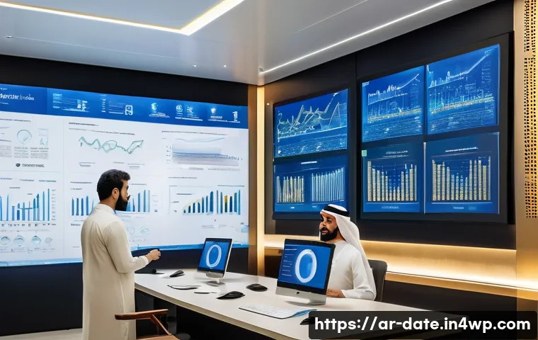 데이터 품질 관리의 성과 분석 도구 - A modern Middle Eastern office scene featuring diverse professionals analyzing interactive data qual...