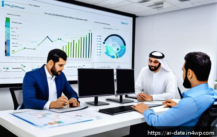 데이터 품질 관리 팀 구성 방법 - A professional Middle Eastern data quality team working collaboratively in a modern office setting, ...