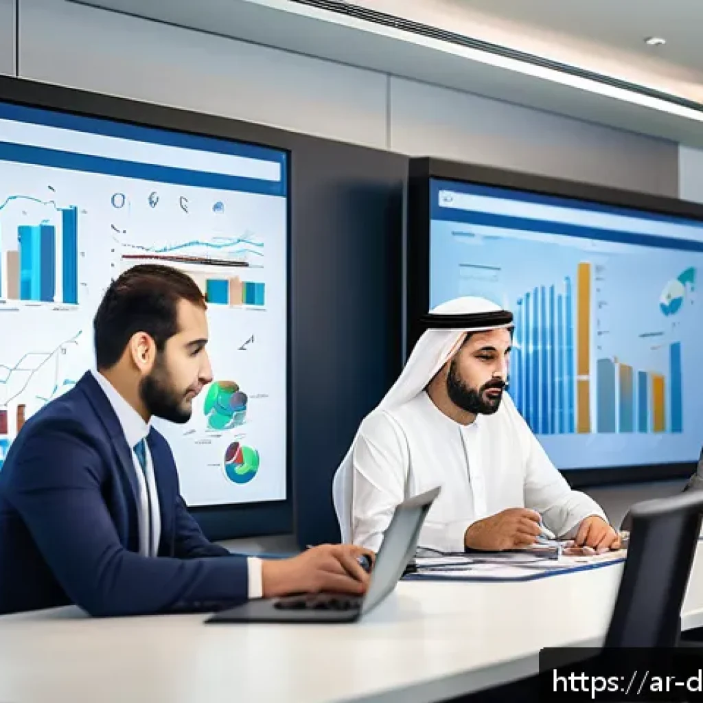 데이터 품질 기준 국제 표준 - A modern office setting in a Middle Eastern corporate environment, featuring diverse Arab profession...