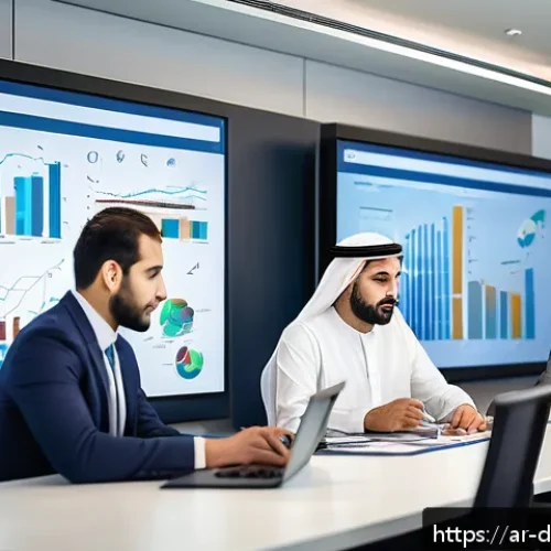 Home 17 데이터 품질 기준 국제 표준 - A modern office setting in a Middle Eastern corporate environment, featuring diverse Arab profession...
