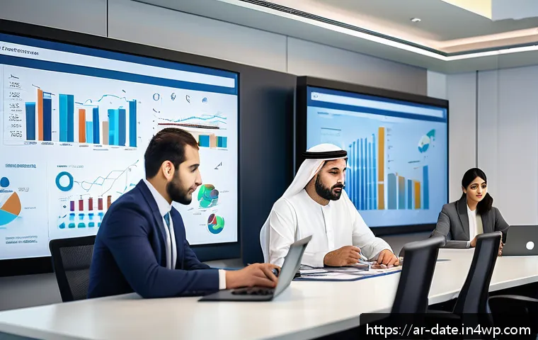 데이터 품질 기준 국제 표준 - A modern office setting in a Middle Eastern corporate environment, featuring diverse Arab profession...